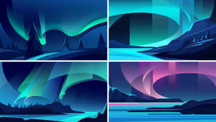 illustrations of aurora borealis. beautiful nature landscapes.