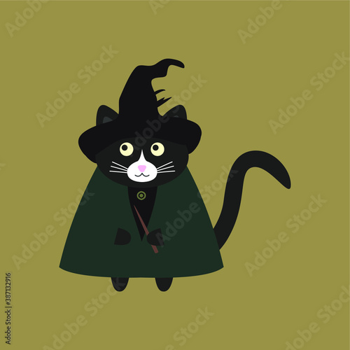 Fotografía Сute cat witch with a magic wand, in a dark green cloak and a black hat