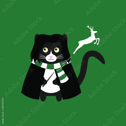 Cuadros en Lienzo Сute cat Severus Snape with a magic wand, in a black cloak, white and green scarf and a magic deer