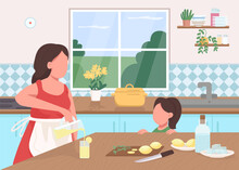 Make Lemonade At Home Flat Color Vector Illustration. Mother And Daughter Prepare Summer Drink. Kid Helps Cut Lemon. Family 2D Cartoon Characters With Kitchen Interior On Background