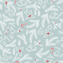 Lovely Hand Drawn Seamless Christmas Pattern With Branches And Decoration, Great For Banners, Wallpapers, Cards - Vector Design