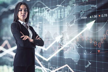 Sticker - Business woman standing on a financial chart with up arrows background, double exposure, global business concept