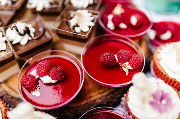 Wall Mural - Dessert jelly in glass. Delicious Italian dessert Panna Cotta with jelly. Festive sweet table with baking.