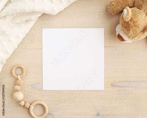 Download Square Card Mockup For Baby Shower Invitation Nursery Art Pregnancy Announcement Flat Lay With Minky Blanket Baby Rattle And Soft Toy Rustic Wooden Background Wall Mural Indrepau