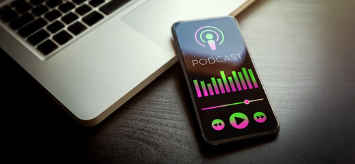 Poster - Podcast Radio Streaming Mobile application interface. Interviews, audio and music, news. Listening to Podcasting Radio Services on smartphone. Podcast microphone icon with equalizer and play bar icons