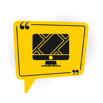 Black Computer monitor and folded map with location marker icon isolated on white background. Yellow speech bubble symbol. Vector Illustration.