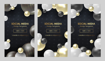 Poster - trendy editable stories template. stories sale banner background, template with glass spheres. vecto