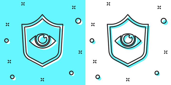 Black line Shield and eye icon isolated on green and white background. Security, safety, protection, privacy concept. Random dynamic shapes. Vector.