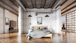 Bedroom in a loft interior with a brick wall, parquet floor and a concrete ceiling