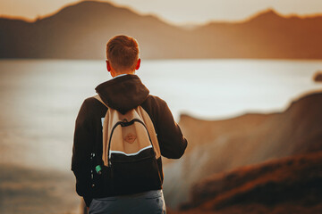 Canvas Print - Picturesque mountain landscape at sunset with the sea on the horizon, rear view of young blond man with backpack stands on the slope in the orange rays of the sunset