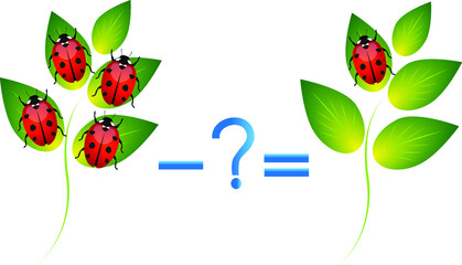 Educational game for children, illustration of mathematical subtraction, examples with ladybirds.