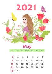 Wall Mural - Calendar for 2021 May. beautiful girl with long hair holding fan