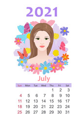 Wall Mural - Calendar for 2021 June. portrait of beautiful girl surrounded by