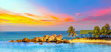 Tropical Seascape With Palm Trees Gazebo On The Beach Panoramic