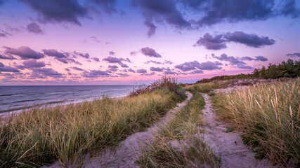 Wall Mural - beautiful magenta sunset over the sea with sandy shore