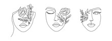 Women's Faces In One Line Art Style With Flowers And Leaves.Continuous Line Art In Elegant Style For Prints, Tattoos, Posters, Textile, Cards Etc. Beautiful Women Face Vector Illustration