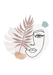 Trendy one line art illustration with woman's face, abstract shapes and tropical leaves.Continuous line art in elegant modern style for prints, posters, textile, cards etc. Vector illustration