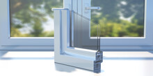 PVC Aluminum Profile Frame Double Glazing Cross Section On A Closed Window Sill. 3D Illustration