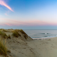 Sticker - wild coast and ocean with large sand dunes at sunrise