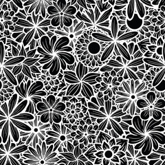 Wall Mural - Hand Drawn Flowers Line Art Seamless Surface Pattern Design
