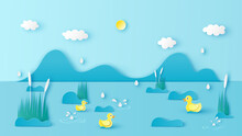 Natural Scenery In Summer With Drizzle And Yellow Ducks Swimming In The River. Paper Cut And Craft Style. Vector, Illustration.
