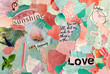 Atmosphere mood board collage sheet made of waste paper in pink and turquoise colors with summer love concept results modern art