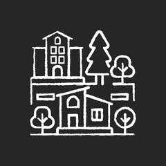 Fototapete - Neighborhood chalk white icon on black background. Downtown district. Suburban living. Property types in metropolis. Skyscraper and residential house. Isolated vector chalkboard illustration