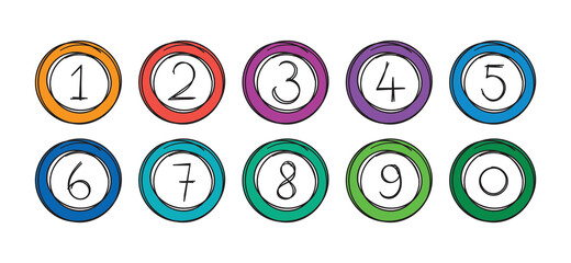 Wall Mural - hand drawn colored circles and 0-9 numbers on white background