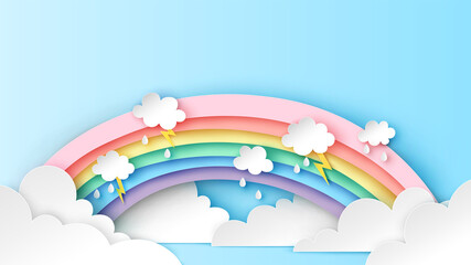 Wall Mural - Backdrop of rainbow on the clouds in rainy season. Abstract Rainbow in the rainy season. paper cut and craft design. vector, illustration. 