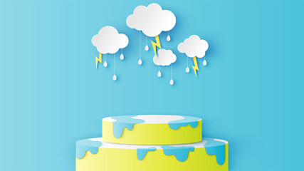 Wall Mural - Circular stage podium for rainy season with water splash decorated with clouds, rain drops, lightning and blank space. paper cut and craft style. vector, illustration.