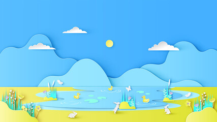 Wall Mural - Natural scenery in summer with yellow ducks swimming in the river and rabbit on meadow. Swamp scenery. paper cut and craft style. vector, illustration.