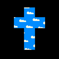 Wall Mural - Blue Sign of the Christian cross with white clouds isolated on the black background. Creative vector illustration, religious symbol, icon, logo, emblem, t-shirt design, print, tattoo, design element