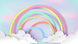 Illustration of design a rainbow on sky in paper craft style. Beautiful clouds and rainbow in rainy season. paper cut and craft design. vector, illustration.