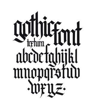 Gothic, English alphabet. Vector set. Font for tattoo, personal and commercial purposes. Elements isolated on white background. Calligraphy and lettering. Medieval Latin letters.