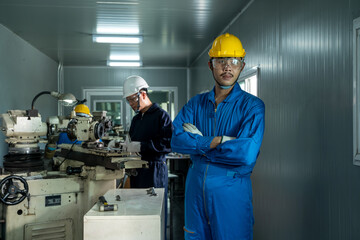 Aufkleber - The industrial worker team working in factory with the machine.
