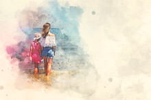 Digital Watercolor Image. Back Rear View Mother And Little Daughter Holding Hands Standing In Sea Water Looking Into Horizon, Copy Space For Text. Family Travel And Summer Vacation Concept..