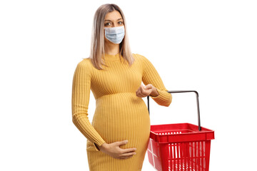 Sticker - Pregnant woman with a shopping basket wearing a protective face mask