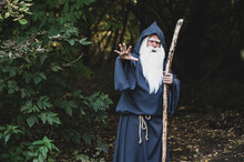 A Wizard With A Long Gray Beard Casts A Spell In A Dense Forest