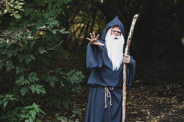 A wizard with a long gray beard casts a spell in a dense forest