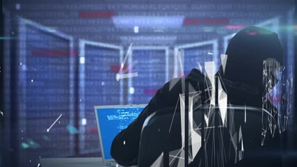 Poster - Screens of network of connections against male hacker using laptop in server room