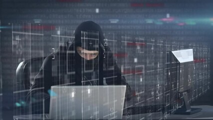 Poster - Data processing against male hacker using laptop and computer
