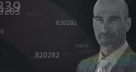 Poster - Multiple numbers changing over man smiling against network of connections