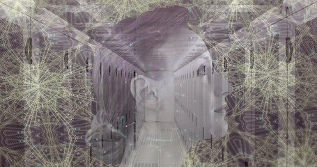 Poster - Woman face over kaleidoscopic shapes against empty server room