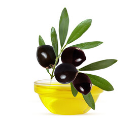 Wall Mural - a twig of olives and olive oil on a white background