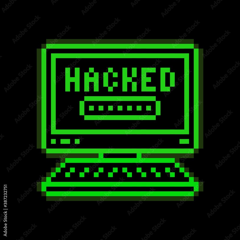 Pixel art 8-bit hacked computer. Hacking account and password. Message ...