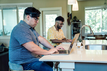 Wall Mural - gay couple working from home on laptop computers sitting at kitchen counter