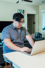 Wall Mural - man working from home on laptop computer sitting at dining room table