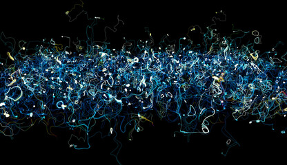 Wall Mural - 3d render of abstract art of surreal 3d background with curve wavy curly neon glowing strings or threads lines in blue and white color in the dark on black