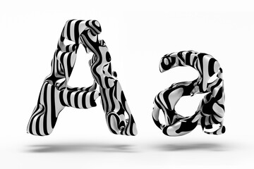 Fototapete - 3d render of abstract art of surreal 3d letters uppercase and lowercase letter a in organic curve wavy shape in matte metal material with parallel black lines on surface on isolated white background