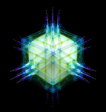3d Render Of Abstract Art With Surreal Alien Fractal Cyber Cube In White Plastic With Wire Atomic Metal Structure Around With Sharp Spikes In Blue Green And Purple Gradient Color